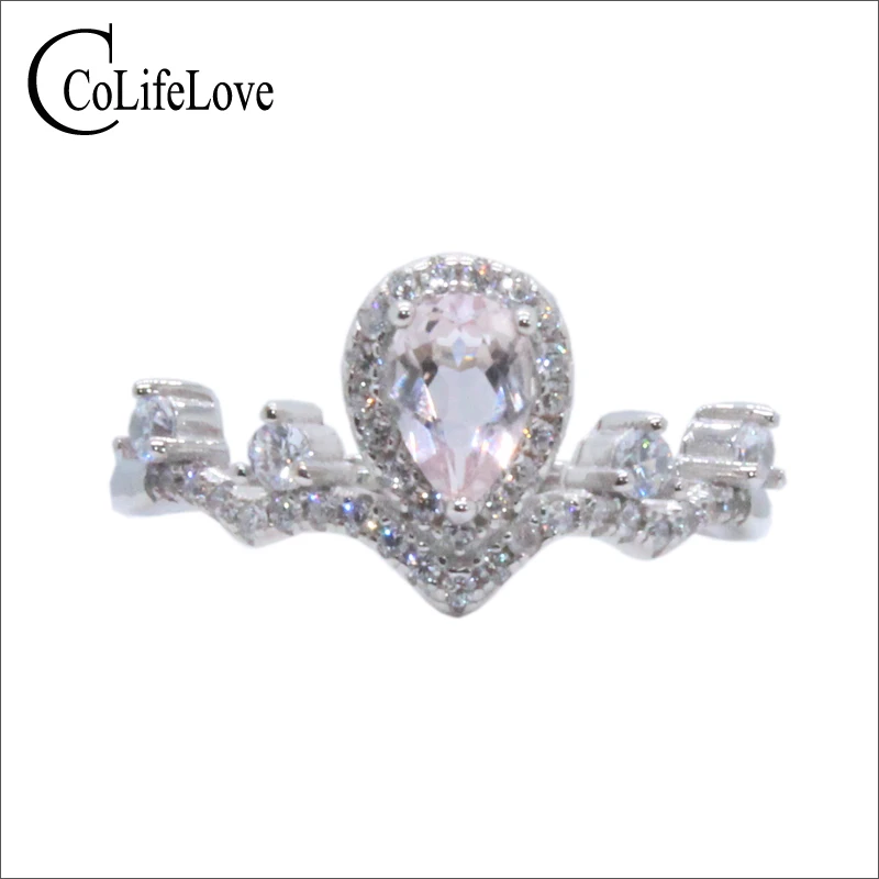 4mm*6mm 100% Natural Morganite Ring for Young Girl Vintage Silver Crown Gemstone Ring 925 Silver Morganite Jewelry