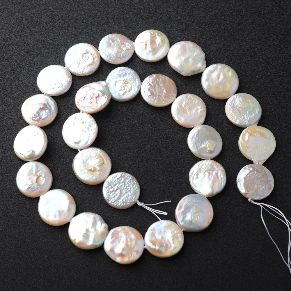 

Women's 15mm Natural White Baroque button pearls Beads 15.5''