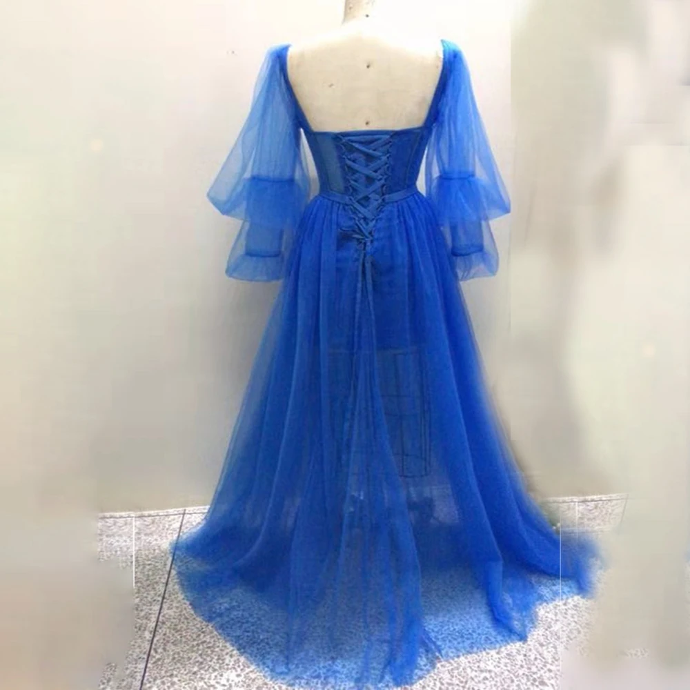 

Customized Blue Prom Dresses Long Puffy Sleeve Tulle Backless Formal Evening Party Gowns Beauty Pageant Dresses