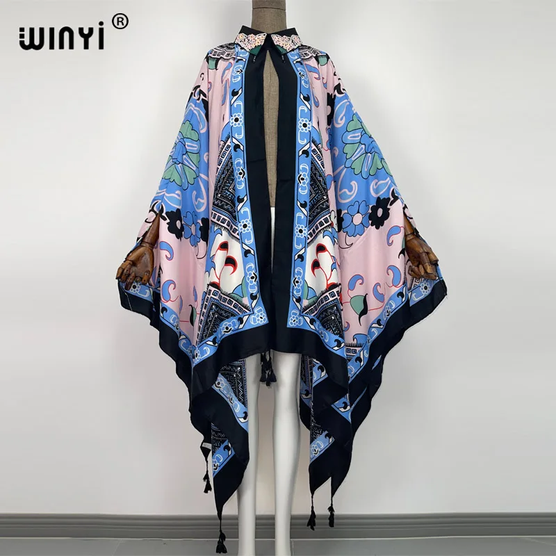 WINYI  Fashion lapel kimono Dress free Size Women's full Sleeve Floral Printed Elegant Casual Vacation Loose Dresses