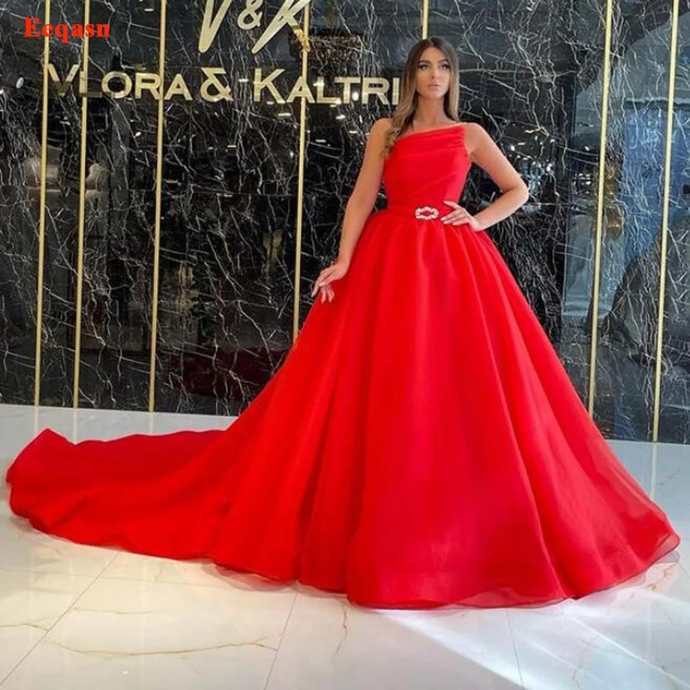 Eeqasn-vestido rojo de tul de un hombro para baile de graduación, Vestidos de fiesta de noche de línea A con cinturón de cristal, vestido Formal para mujer