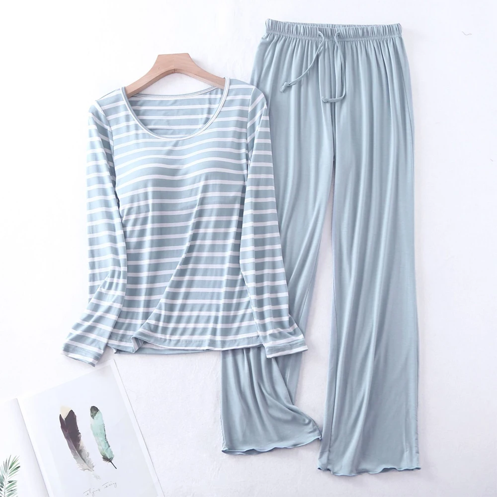 

Cotton Pajamas Sets Women With Bra Pad Long Sleeve Striped Night Wear Cute Loose Pijama Mujer Sleepwear Autumn Winter Homewear