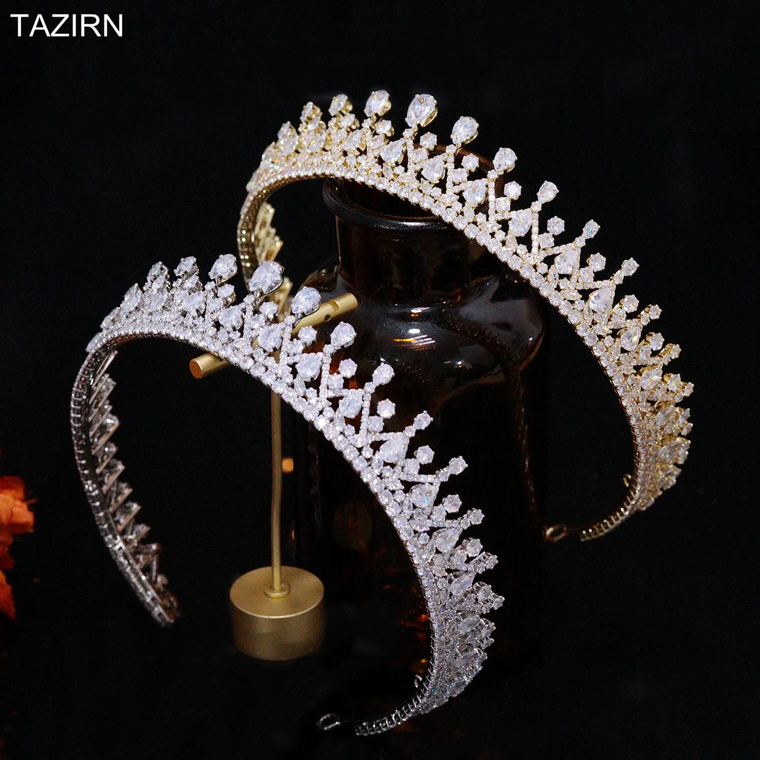 

TAZIRN Zirconia Tiaras and Crowns for Women Handmade Long Diameter Hairband Silver Gold CZ Girls Princess Crown for Birthday