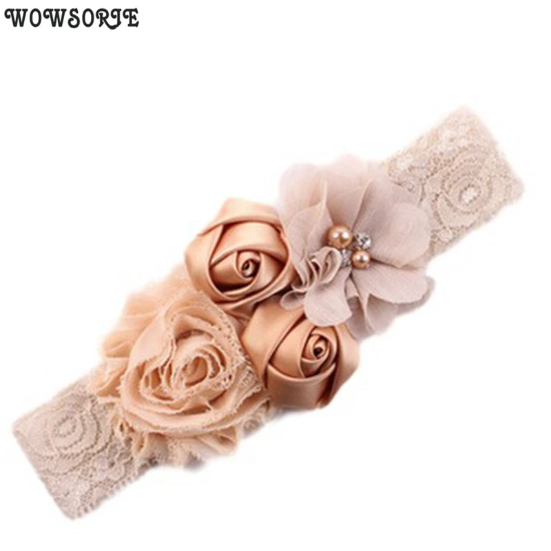 Elastic Chiffon Flower Headband para Recém-nascidos, strass Rendas Headbands para Bebés Meninas, Acessórios para Cabelo, Flower Headwear, Rose