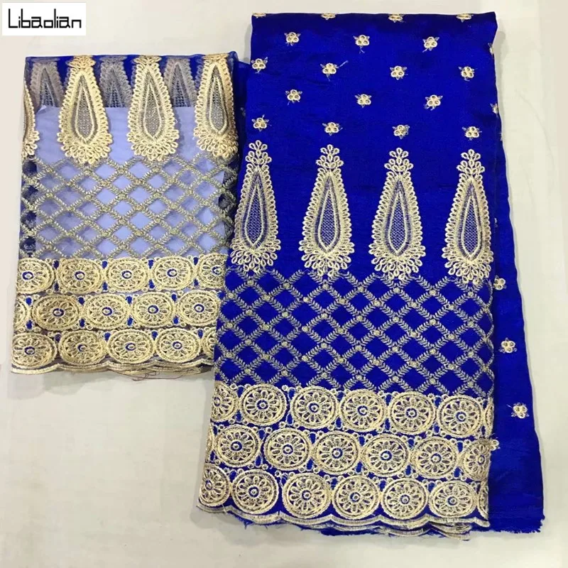 

Embroidered George Lace Fabric With BLouse For India Wedding Dresses Royal Blue New Fashion Gold Line Guipure George E911-28