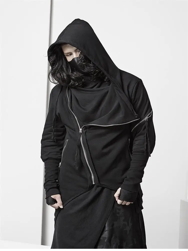 

Men's new dark irregular oblique zipper design hair stylist nightclub men's spring oversize hooded coat