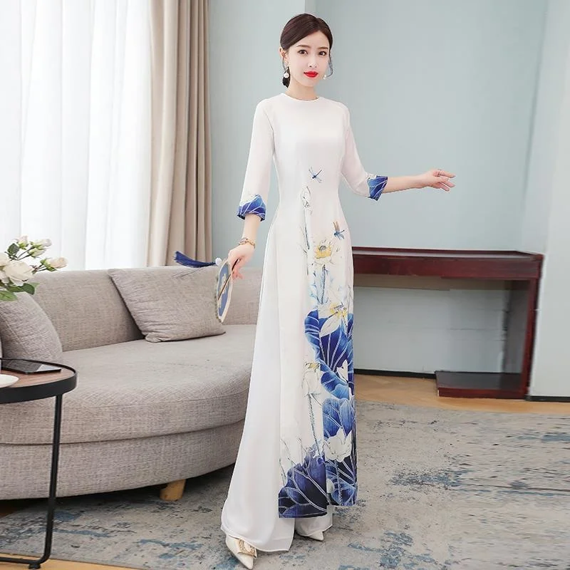 Chinese Style Two Piece Set Women Long Tops Pant Suits Pink White Slim Casual Vintage Harajuku Ao Dai Vietnam 2022 Printed