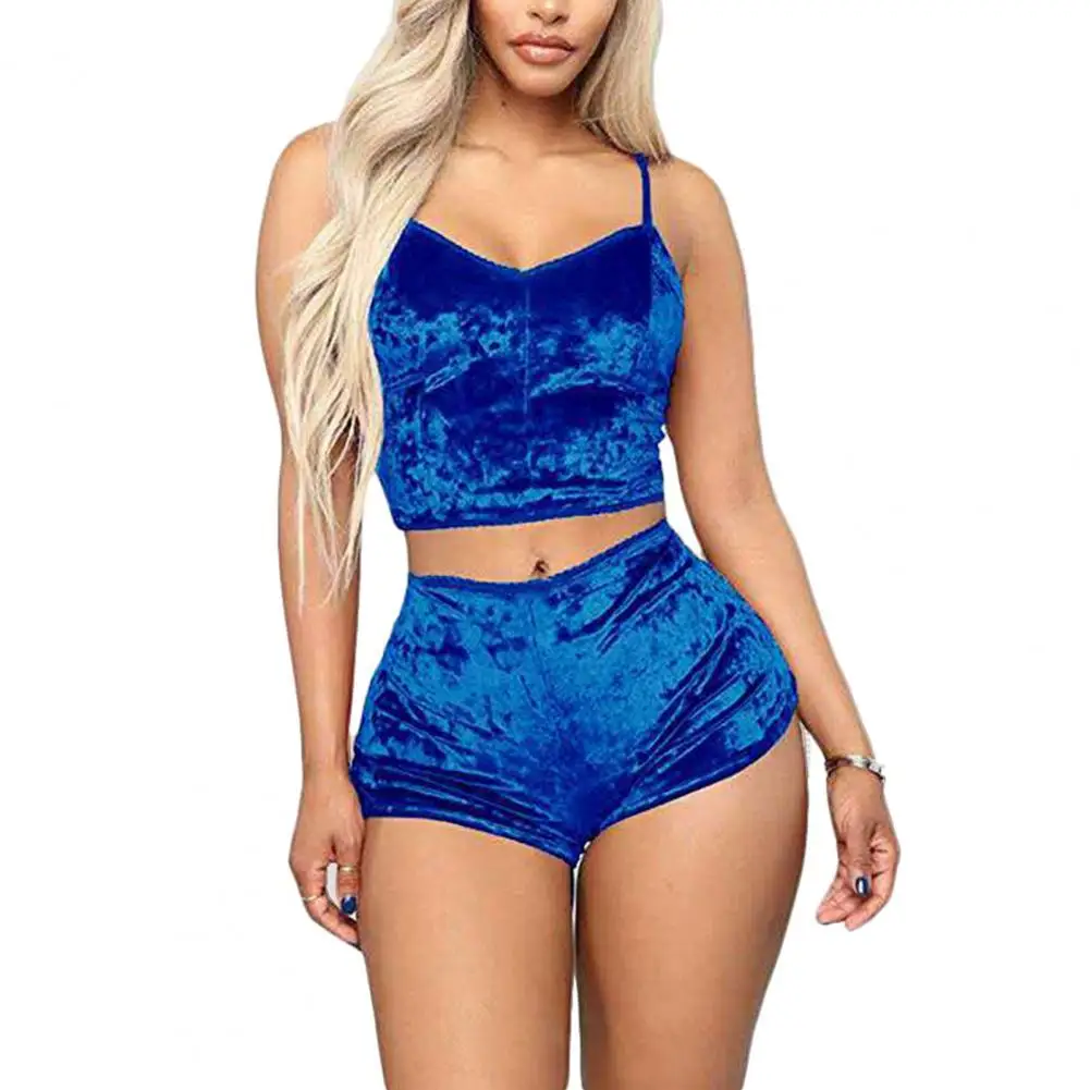 Women Sleepwear Set Sports Shorts 2 Piece Spaghetti Strap Solid Color Backless Pajama Valentines Day Gift Summer Pajama Sets