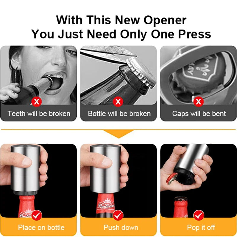 Automatic Beer Bottle Opener Magnet Beer Opener Stainless Steel Push Down Opener Wine Beer Soda Cap Opener Kitchen Accessories