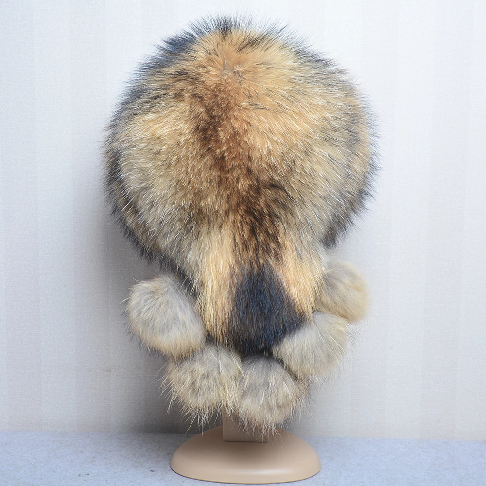 Winter Warm Women Russian Raccoon Royal Fur Caps Fox fur Hat Dome Mongolian Hat Fur Hat Luxury Lady Natural Fox Fur Bomber Hat