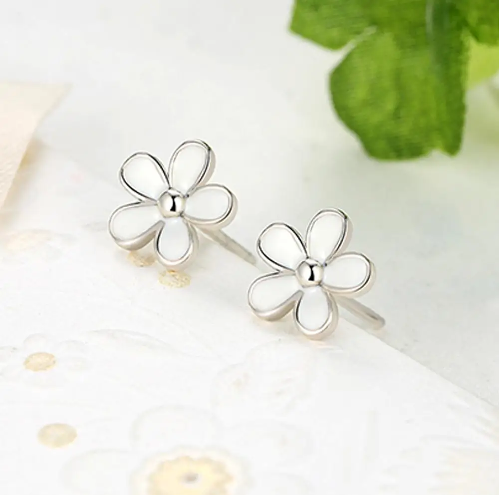 925 Sterling Silver White Daisy Stud Earrings For Women Kids Wedding Gift Female Pendientes