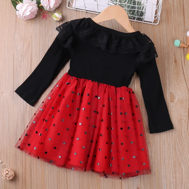 Humor Bear Girls  Long Sleeve Dress Autumn New Lace Collar  Mesh Yarn Patchwork Princess  Dress Toddler Kids Clothes