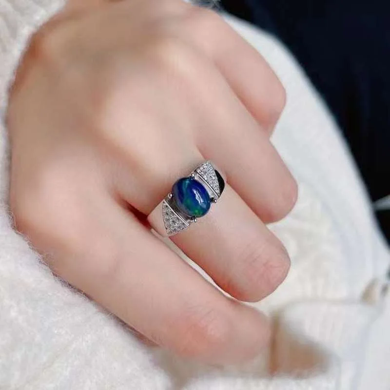 Natural Black Opal Ring Fashionable Beautiful In Color, Full of Fire 7*9mm 925 Sterling Silver Finely Inlaid