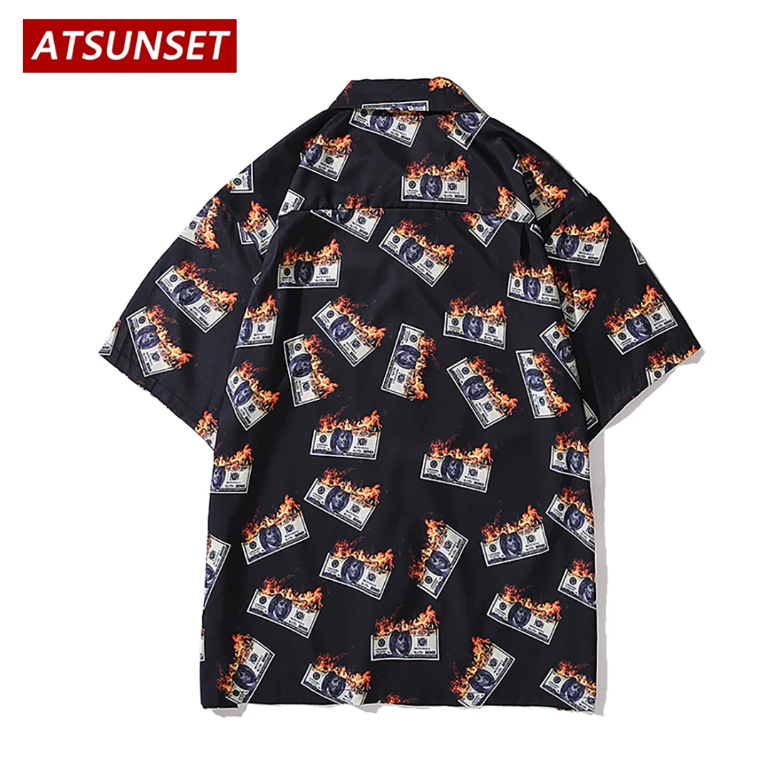 ATSUNSET Burning Dollar Print  Shirt Hawaiian Streetwear Harajuku Shirt Short Sleeve Cotton Fashion Tops