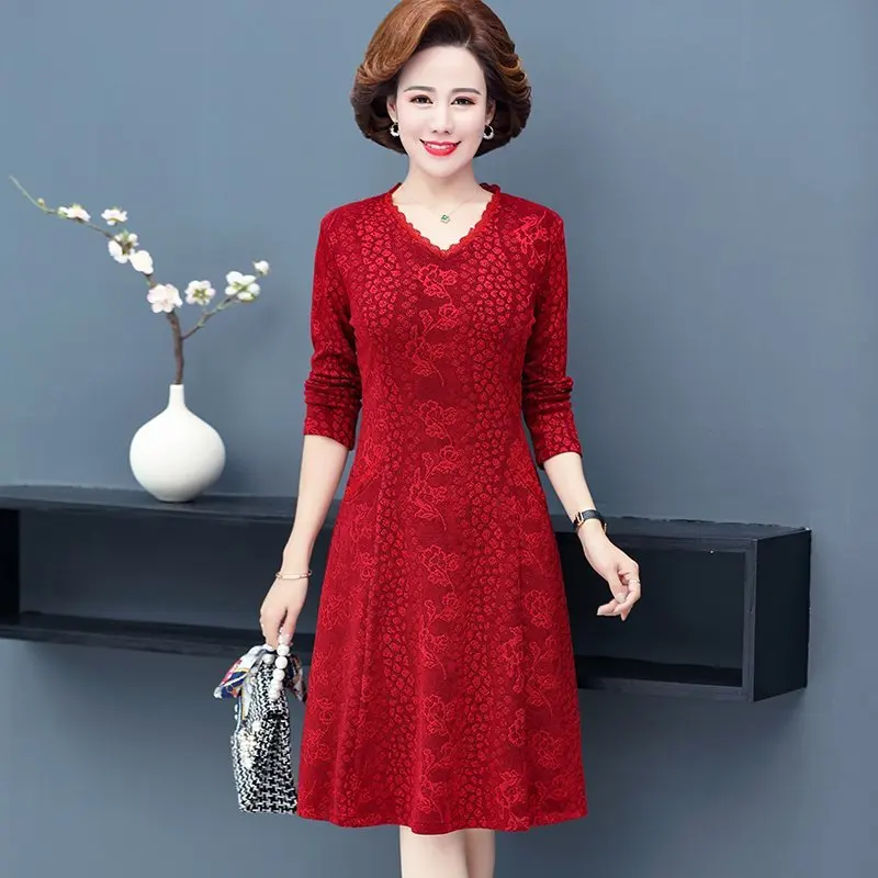 Spring and Autumn  Dresses Jacquard  V-neck  Dress Women Vintage Long Sleeves Ladies Office Robe Dresses