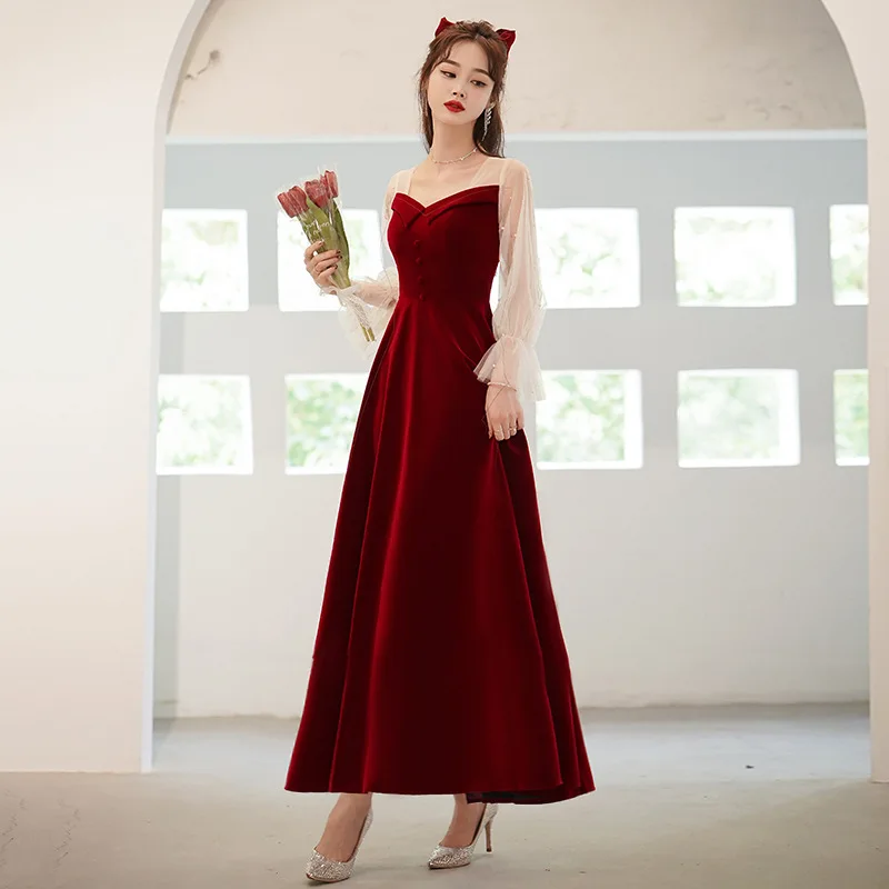 Elegant Square Collar Lantern Sleeve Velour Evening Dress Back Zipper Formal Gowns Cheongsam Robe De Soiree Vestidos Size XS-3XL