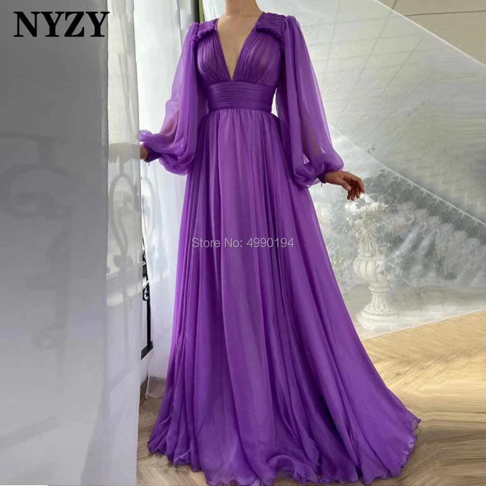 

Elegant Chiffon Deep V-neck Long Sleeves Evening Dress 2020 NYZY E299 Purple Party Dress Robe Soiree Dubai vestidos fiesta