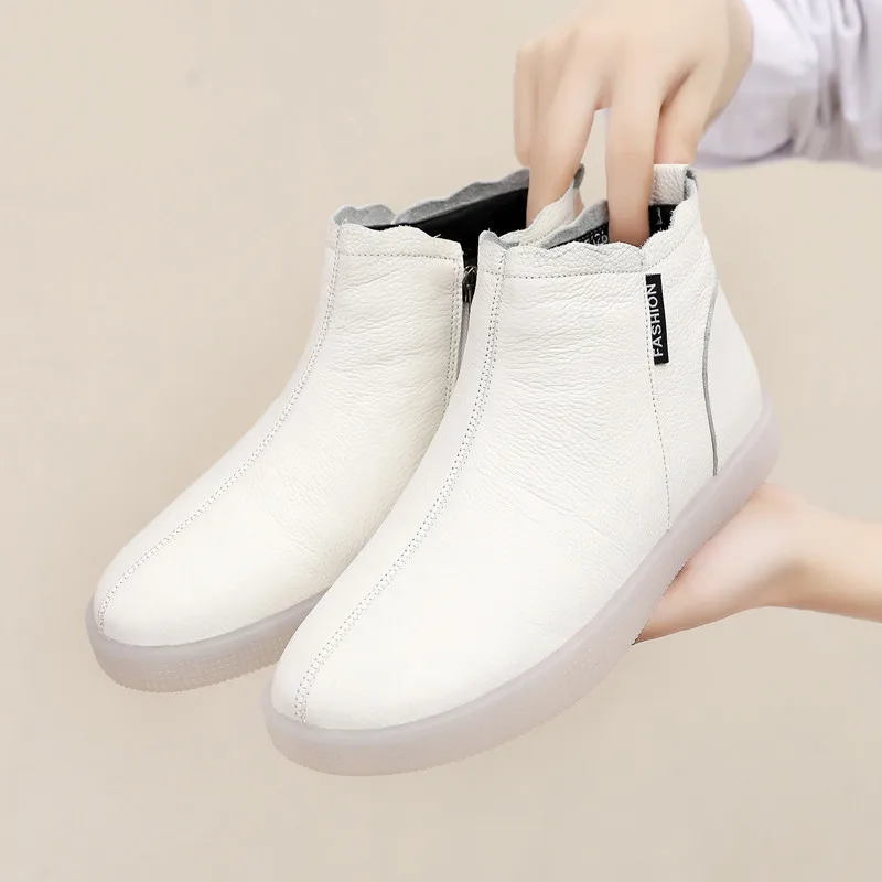 Genuine Leather Cow Women Ankle Boots Warm Wool Motorcycle Slip on Super Comfortable Booties Winter Shoes White Blackse45