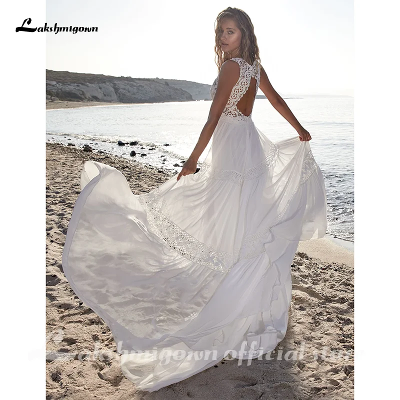 Bohemian Lace Top Wedding Dress Beach Robe de mariee V-Neck Sleeveless Bridal Dress Chiffon Wedding Dresses Spaghetti Straps