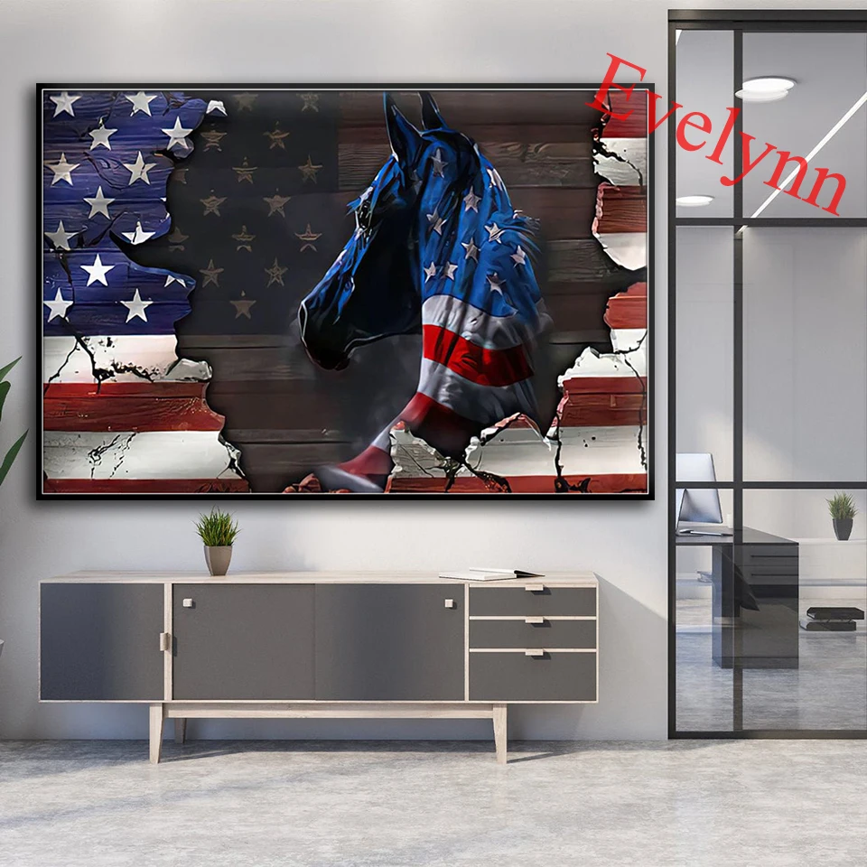 Nordic Abstract Horse American Flag Poster Modern Canvas Poster Vintage Wall Art Print Painting for Living Room Home Decor Frame