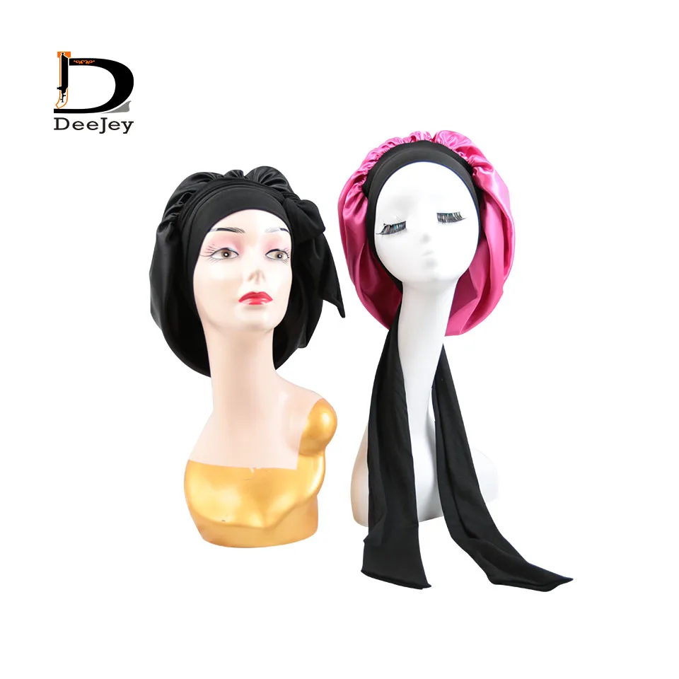 Custom logo Luxury satin double layer bonnet with long wide edge control wrap elastic head band fancy new fashion sleep bonnet