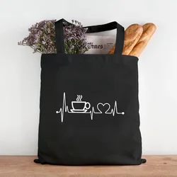 First Coffee Printing Canvas Shopping Black Bags Mom Life Women Shoulder Cloth Bags Reusable Shopper Teacher Student Book Bags