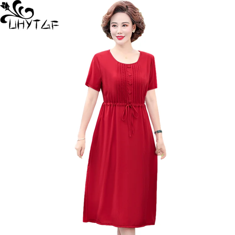 UHYTGF Dresses For Women Middle-Aged Elderly Casual Female Summer Dress Short Sleeves Pullover Thin 6XL Big Size Clothes 1998