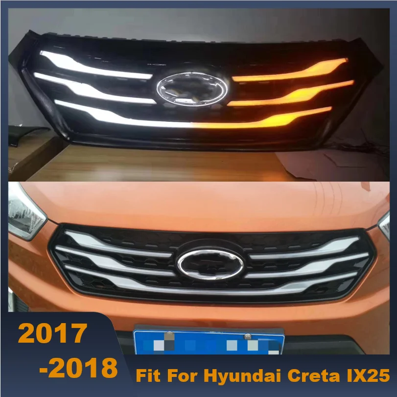 ABS Black Middle Grille Racing Grills With LED Lights Turn Signal Lights Three Lights Fit For Hyundai Creta IX25 2017-2018