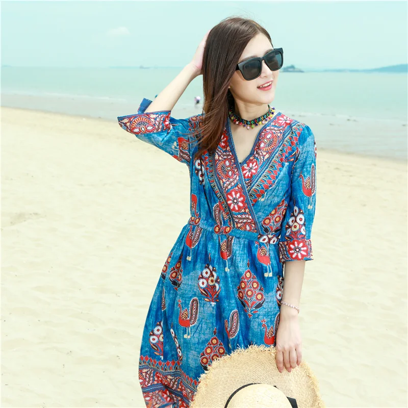 2022 Summer Ethnic Style thin Thai Chiffon Dress Women's Clothing Print Seaside Holiday Beach Dress Female  D1278