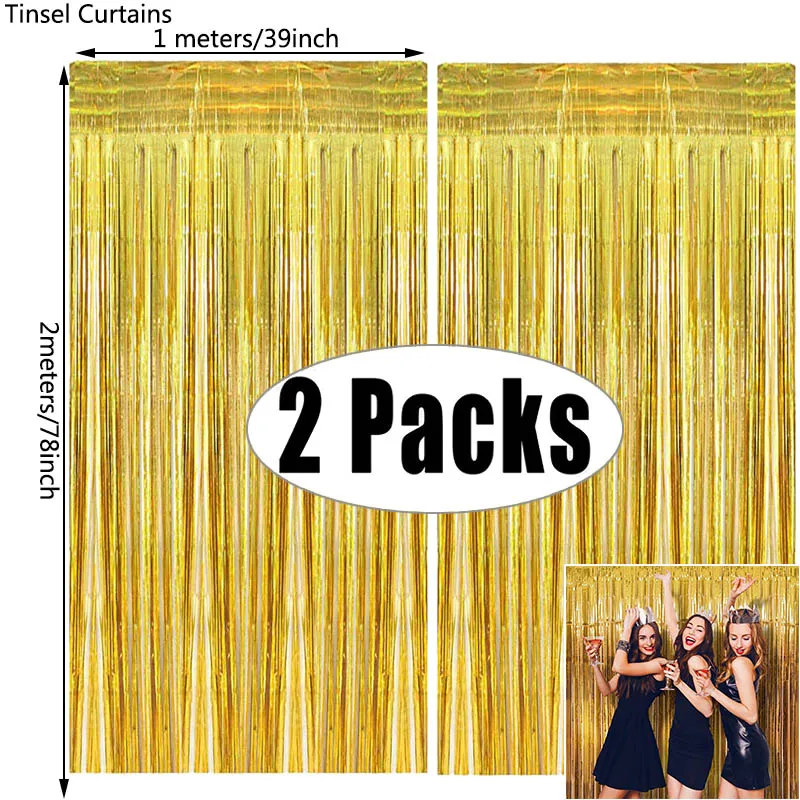 2Pack Metallic Fringe Tinsel Curtains 2022 Happy New Year 2021 Merry Christmas Eve Party Backdrop Decorations For Home Ornaments