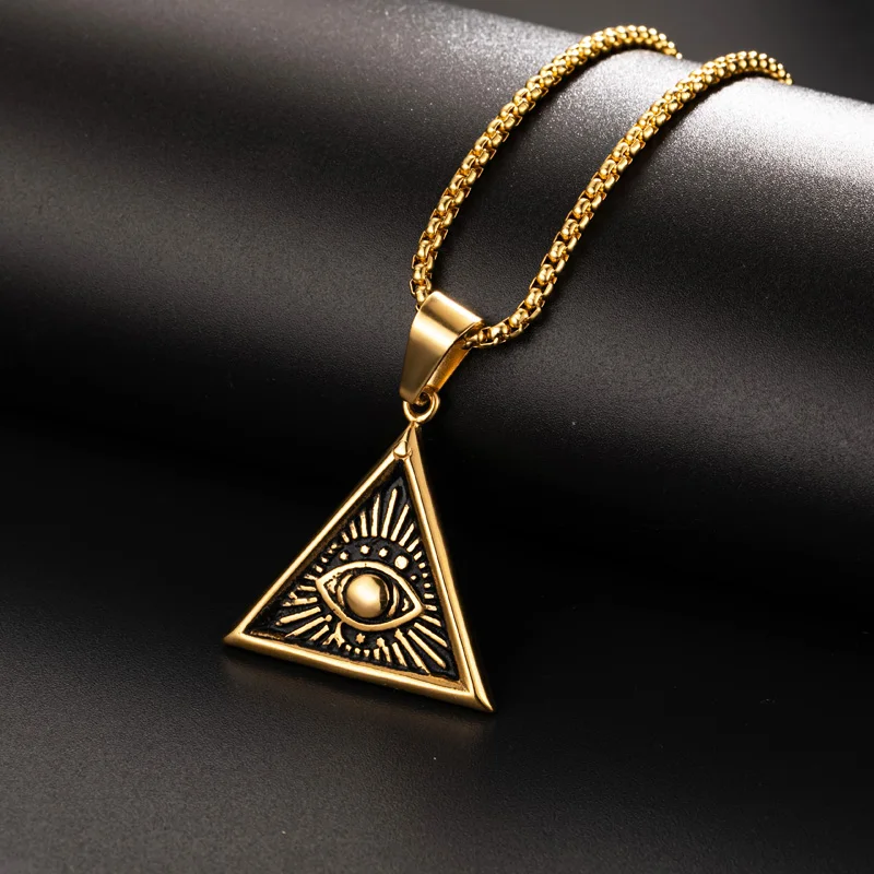 Valily Egyptian Egypt Pyramid Pendant Necklace Stainless Steel All-Seeing Evil Eye Necklace Geometric Triangle Necklaces Jewelry