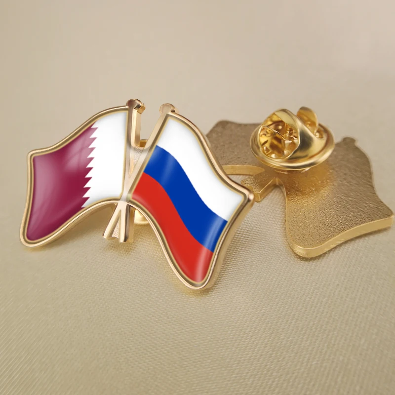 Russian Federation and Qatar Crossed Double Friendship Flags Lapel Pins Brooch Badges