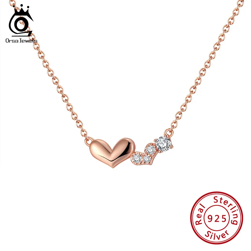 ORSA JEWELS Genuine 925 Sterling Silver Double Heart Necklace Pendant High Quality Rose Gold Plated Women Necklace Jewelry EQN13