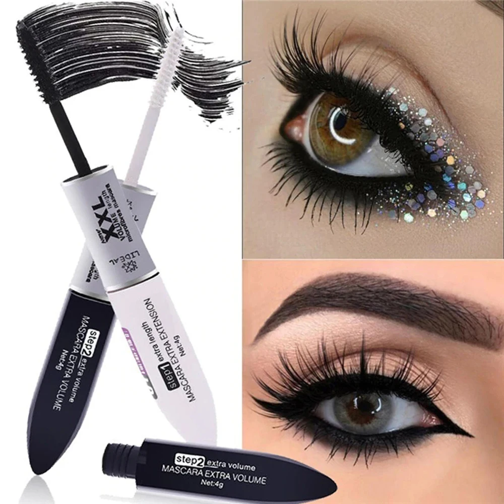 2 IN 1 Waterproof Silk Fiber Volume Double Lengthening Curling Eye Maquiagem Moisturizing Mascara Kit Fiber Lash Mascara T1204