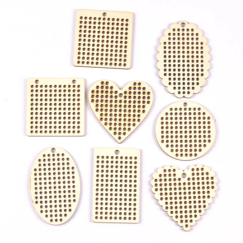 5Pcs Round/Cube Cross Stitch Hole Carving Wooden Pendant Scrapbooking Craft for Handmade Diy Handicraft Decor mt2664