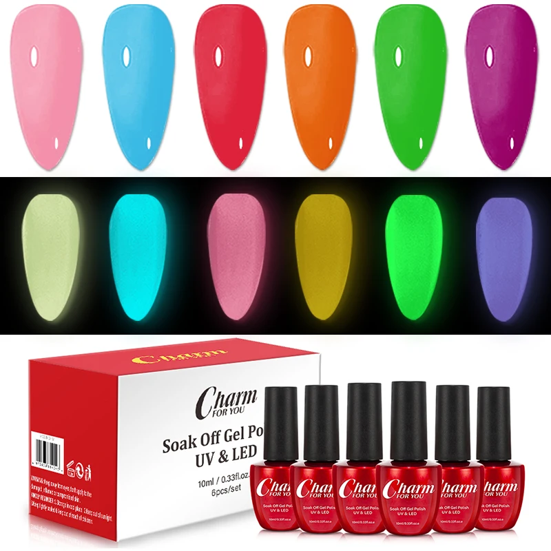 6pcs/set Luminous Nail Gel Glow In Dark Fluorescent Neon UV LED Semi Permanent Soak Off Gel Varnish Lighting In Night Nail Art