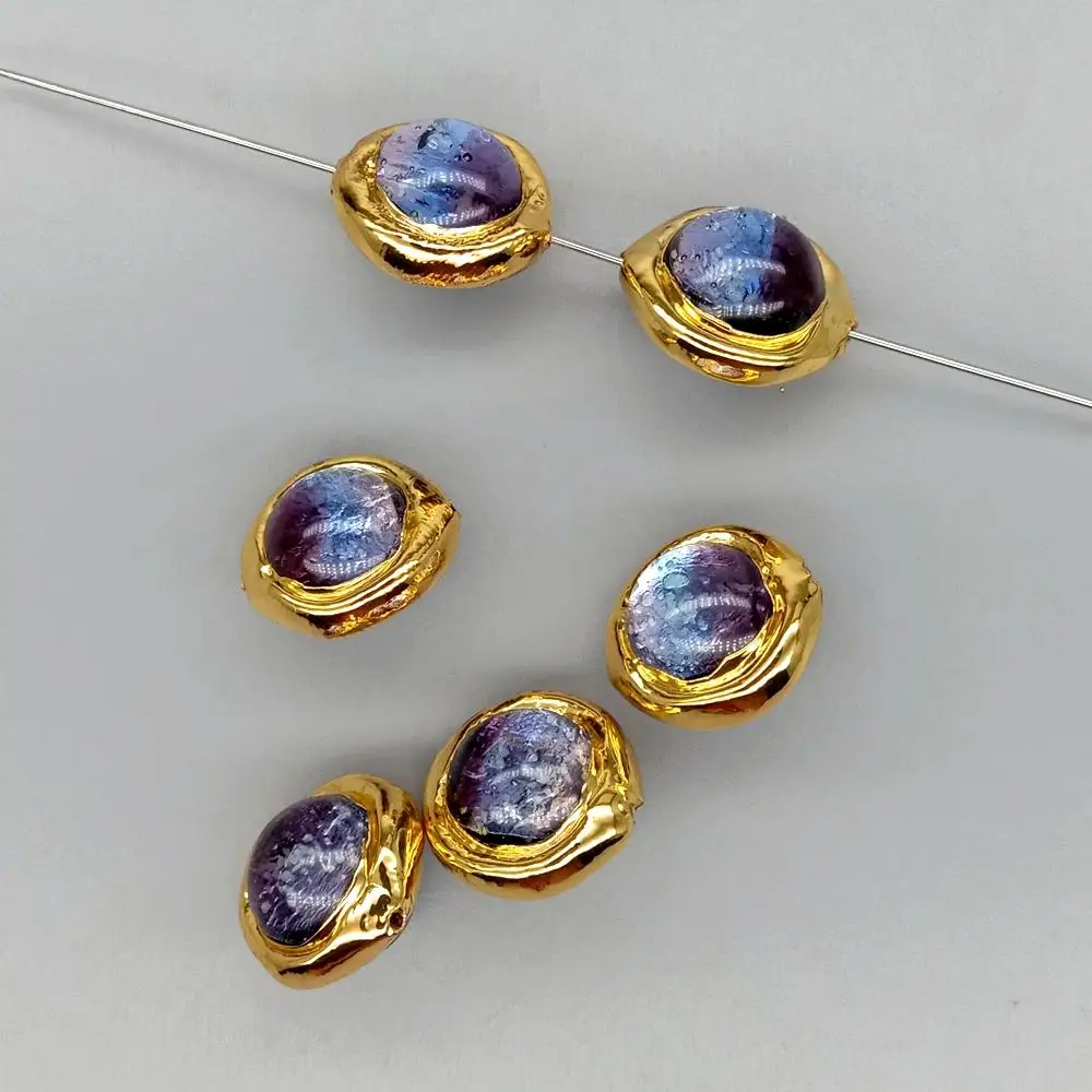 10 Pc 16mm Purple Color Noctilucent Murano Glass Round Gold Plated Beads For Bracelet Making Diy Accessories