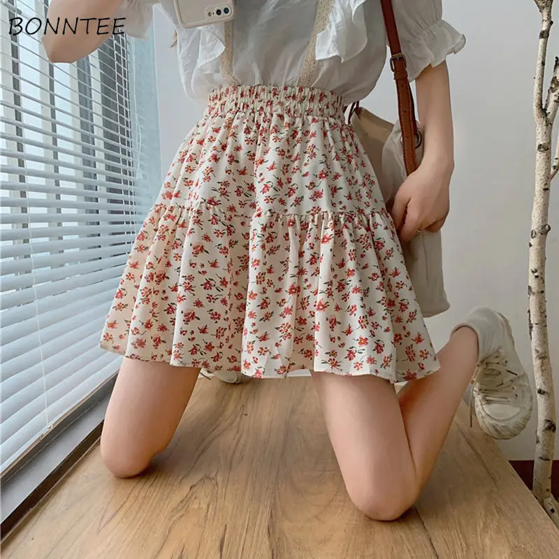 

Women Skirts Sweet Mini Preppy Holiday All Match Vintage High Waist Ulzzang Trendy Casual Girls Elastic Basic Femme Ruffles Cozy