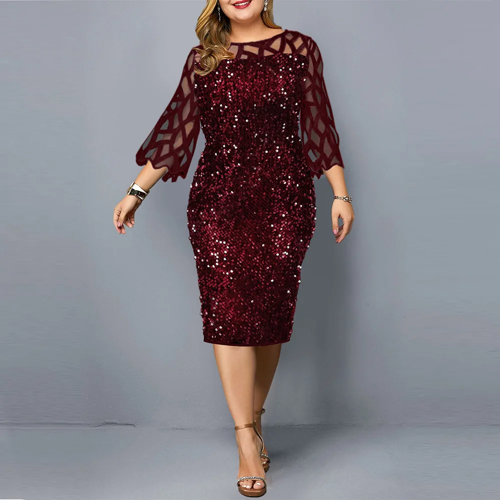 S-5XL de talla grande con lentejuelas para mujer, vestidos de otoño con manga de encaje brillante, ropa informal Sexy para mamá, cuello redondo