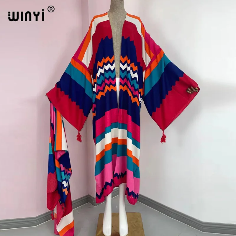 Spring Summer Lady KIMONO Women\'s Dress Wave Print Long Sleeve V-Neck Casual Loose Holiday beach cardigan Dress robe sexy femme