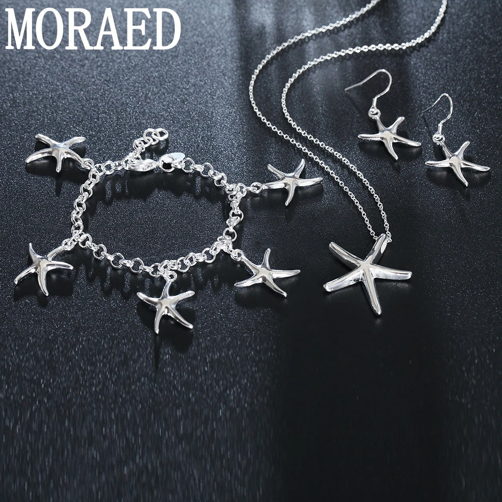 

100% New 925 Sterling Silver Set Starfish Star Necklace Earrings Bracelet Jewelry Sets for Women Charm Jewelry Wholesale