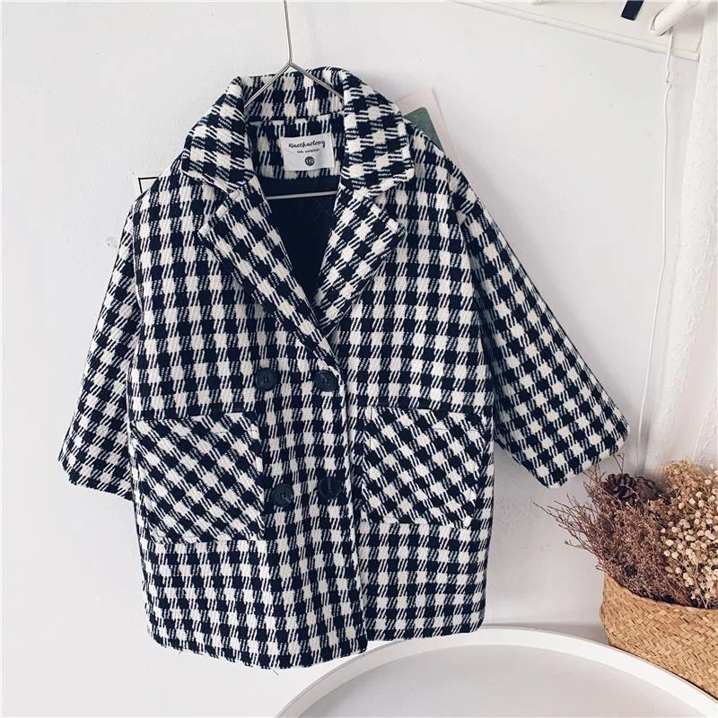 1-10Y Kids Clothes Woolen Plaid Knit Jacket Long Double Breasted Child Lapel Cotton Padding Coat Baby Boy Girl Outerwear Unisex