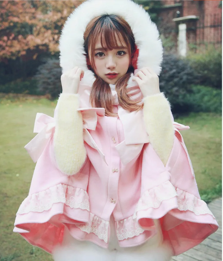 Autumn winter sweet lolita cloak vintage lace bowknot hooded thicken warm loose kawaii coat kawaii girl gothic lolita loli cos