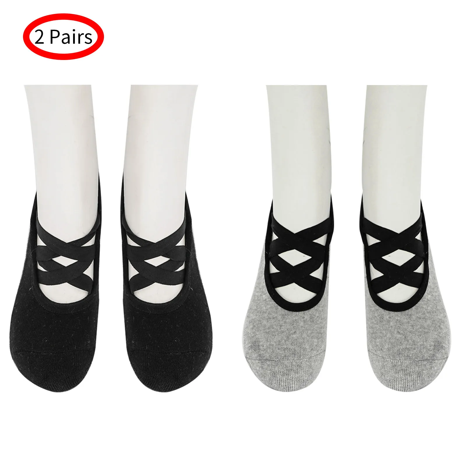 2 Pair Crisscross Strap Yoga Socks Anti-Slip Silicone Sole Ballet Dance Short Socks Cotton Fitness Sock Slippers for Women Girls