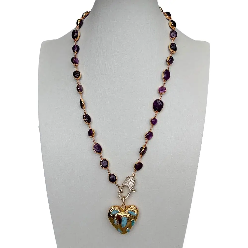 Y.YING Natural Amethyst With Electroplated Necklace Blue Larimar Heart Shaped Pendant for Women