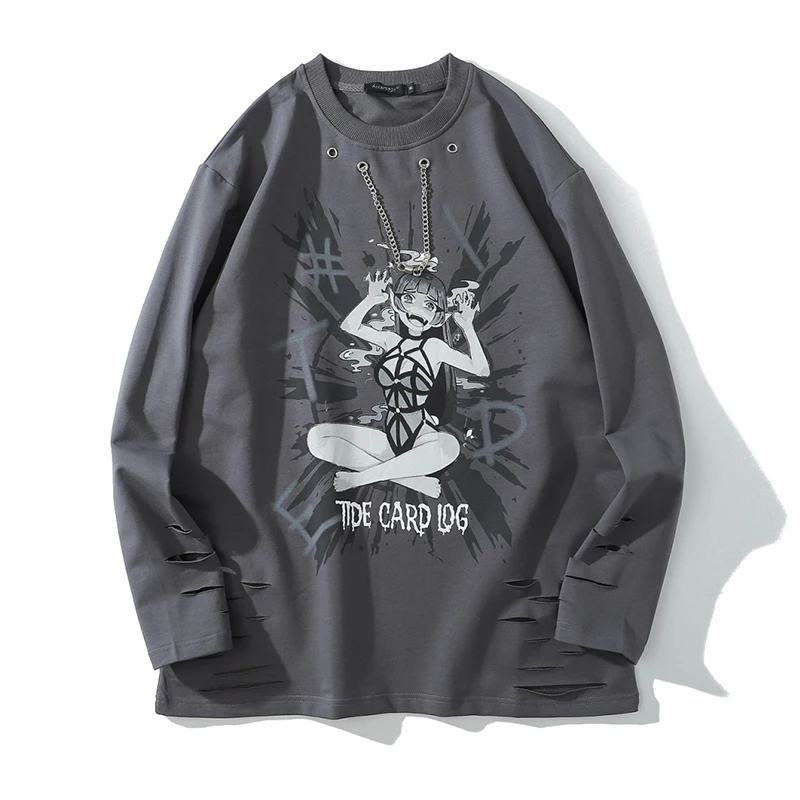 

Sweatshirt Men Sexy Japanese Girl Comics Print Broken Hole Streetwear Men Diablo Style Punk Chain High Street Pullover