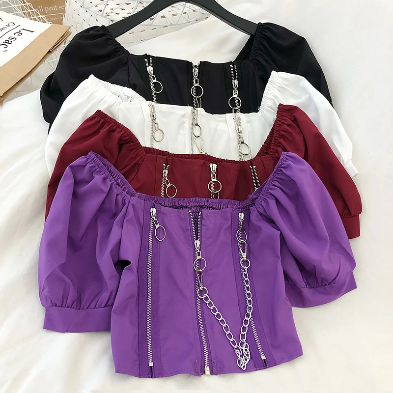 Pearl Diary T-Shirt Zip Up Crop Top Women Off Shoulder Tees Chains Long Sleeve Y2k T-shirts Gothic Dark Black Vintage Clothes