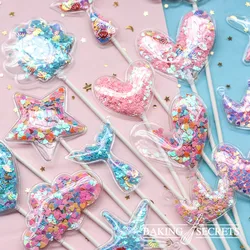 3pcs Mermaid Sequin Cake Topper Baby Shower Cake Decoration Blue Pink Star Shell Ocean Cupcake Toppers Birthday Wedding Party