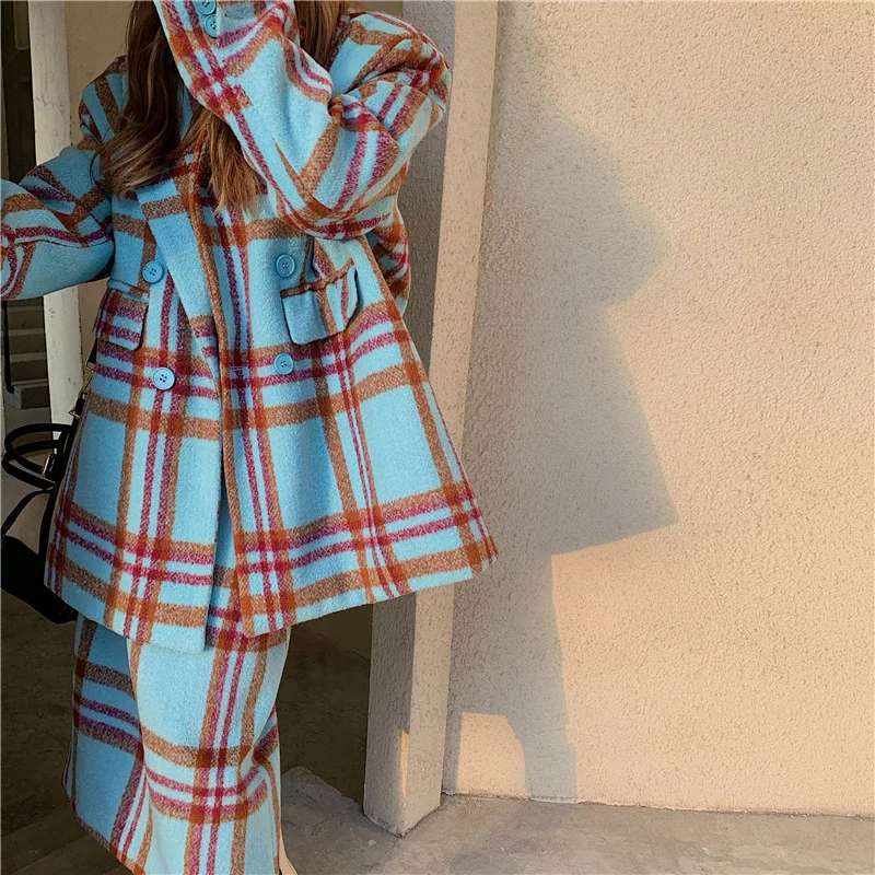 Plaid Tweed Set Casual Blazer Vintage Thicken Suits Jacket High Waist Split Skirt Tops Two Pieces Sets Women Outfits Office Wear