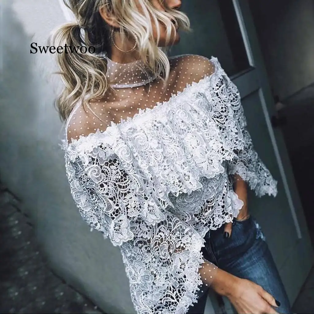 Blouse Womens Lente Zomer Sexy Flare Mouwen Gedrukt Punt Top Blouse Blusas Womens Tops En Blouse